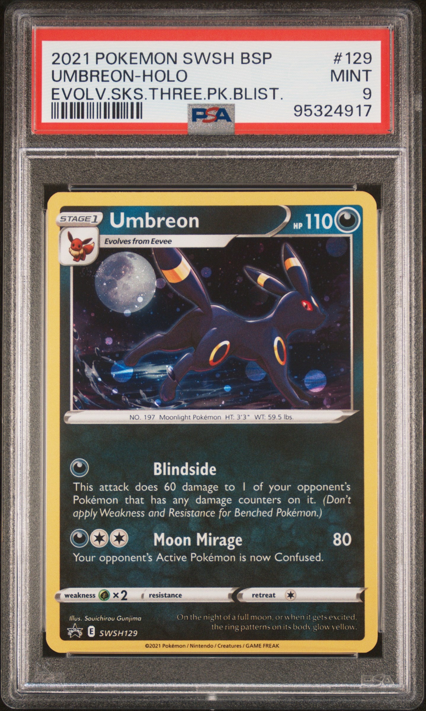 Umbreon Holo 129/203 Evolving Skies Three Pack Blisters Pokemon PSA 9