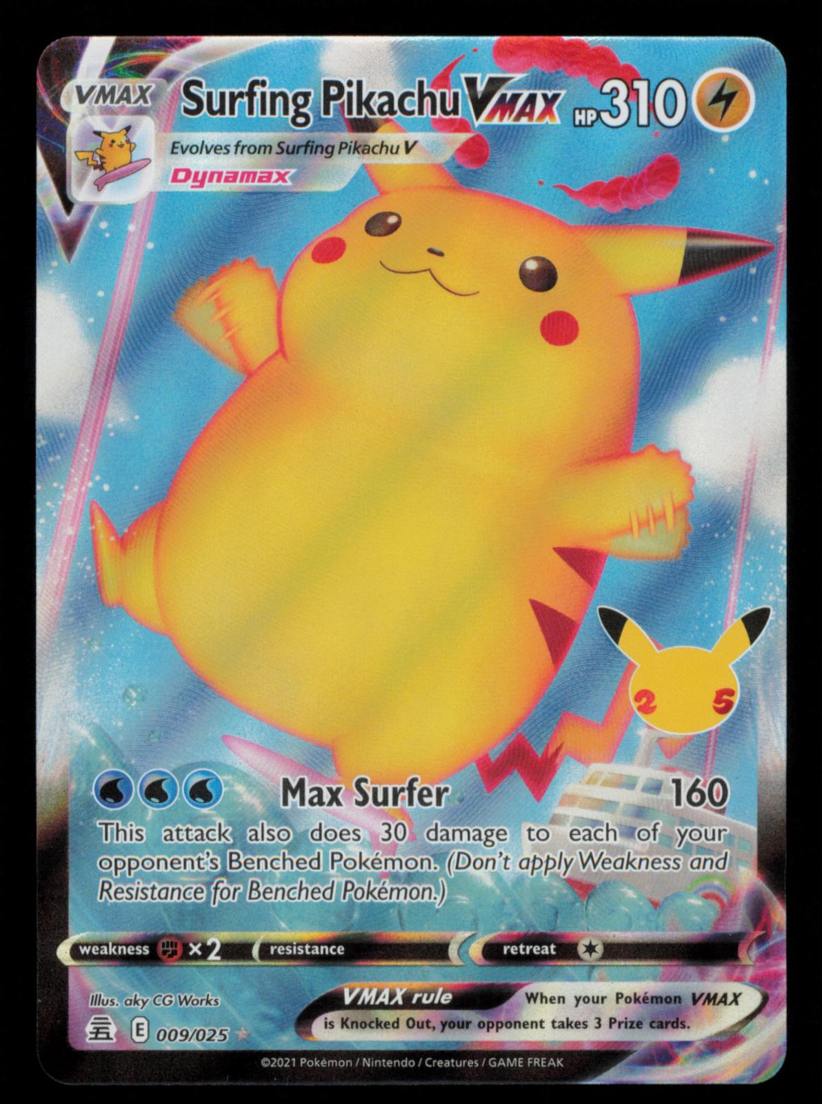 Surfing Pikachu VMAX 009/025 Holo VMAX Rare Celebrations Pokemon