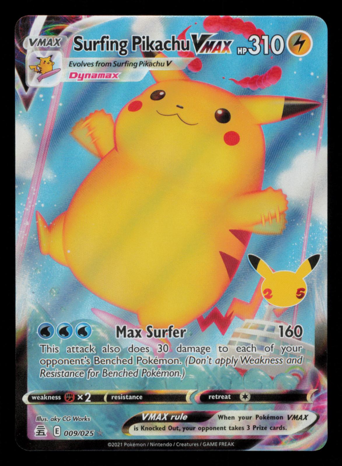 Surfing Pikachu VMAX 009/025 Holo VMAX Rare Celebrations Pokemon