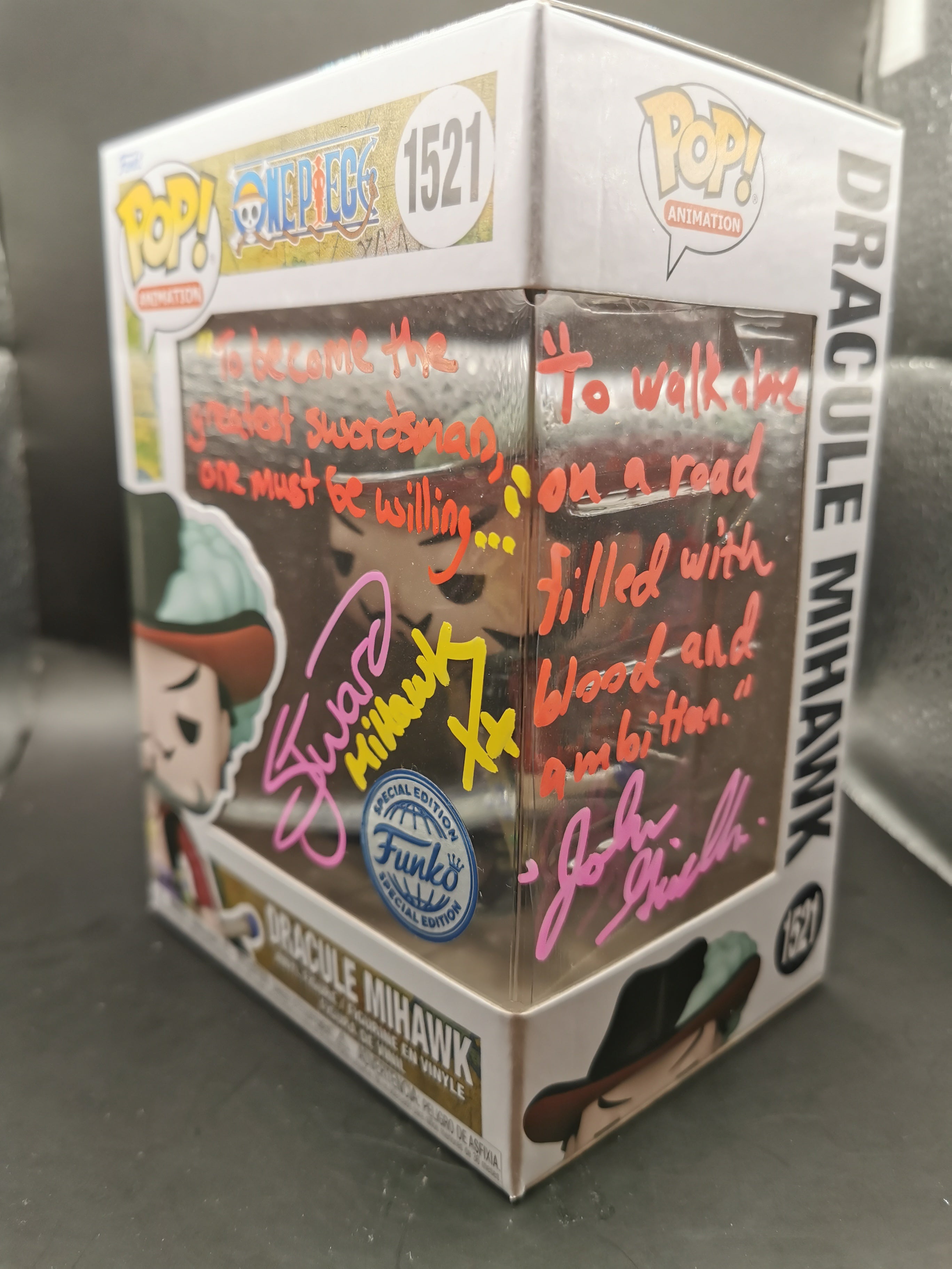 One Piece Dracule Mihawk Funko Pop #1521 – Double Signed by John Gremillion & John Ward + Quote