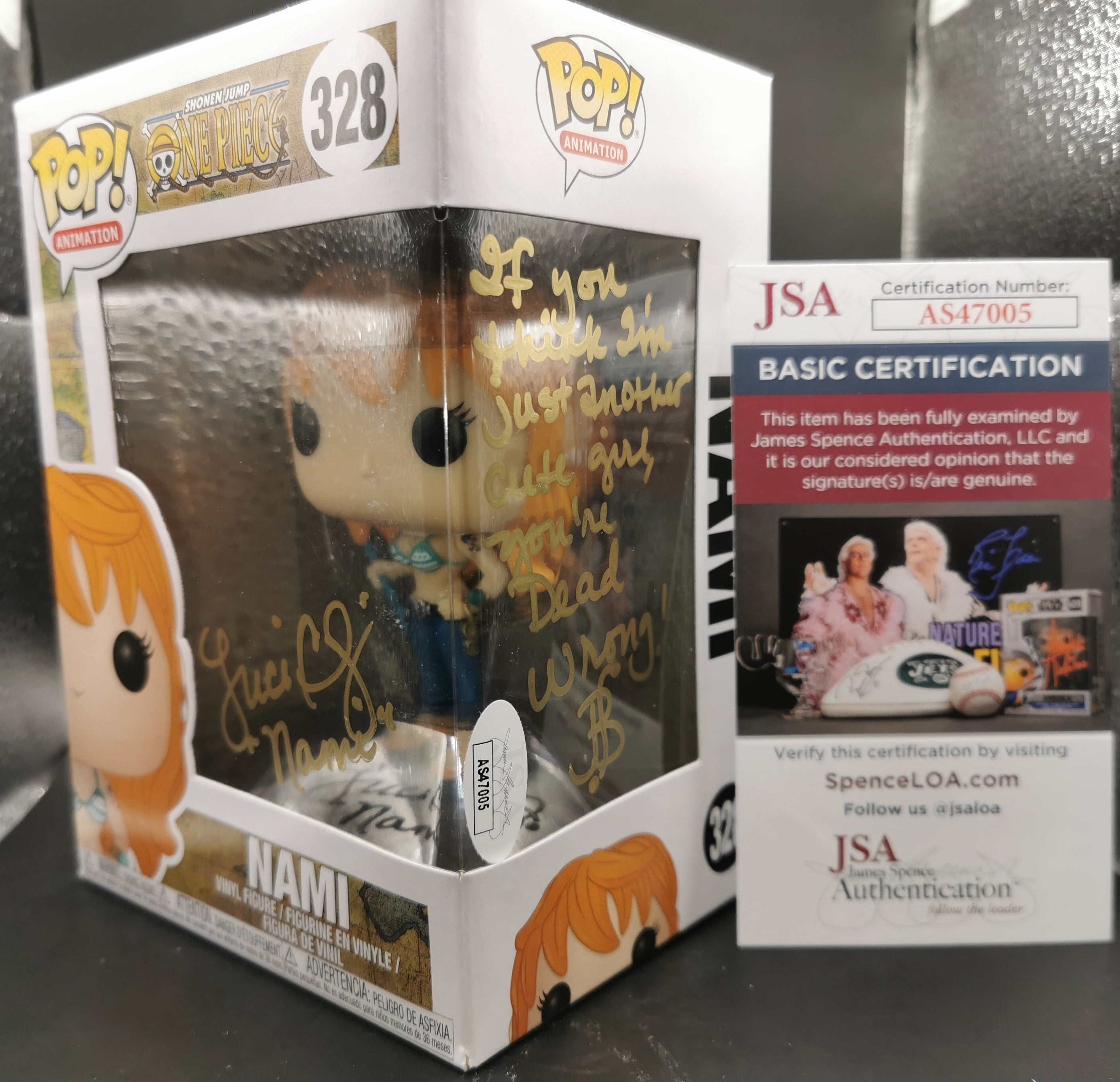 One Piece Nami Funko Pop #328 – Signed by Luci Christian (English VA) + Inscription – JSA Certified