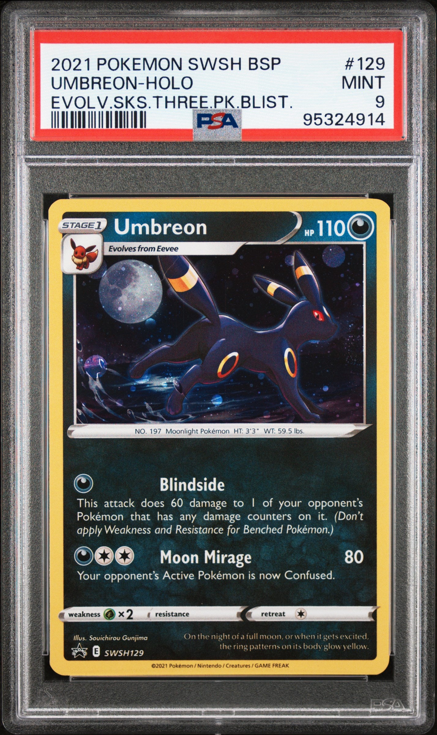 Umbreon Holo 129/203 Evolving Skies Three Pack Blisters Pokemon PSA 9