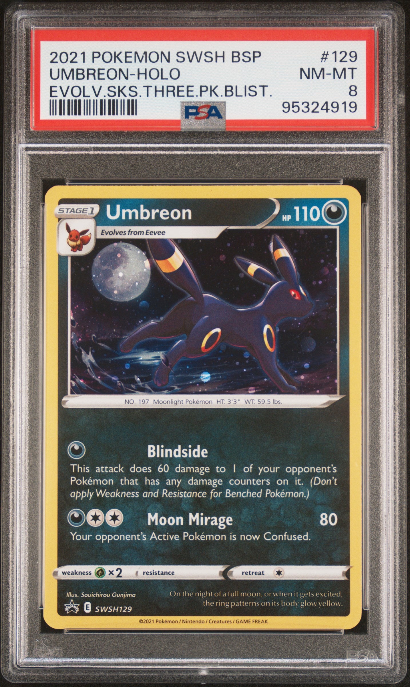 Umbreon Holo 129/203 Evolving Skies Three Pack Blisters Pokemon PSA 8