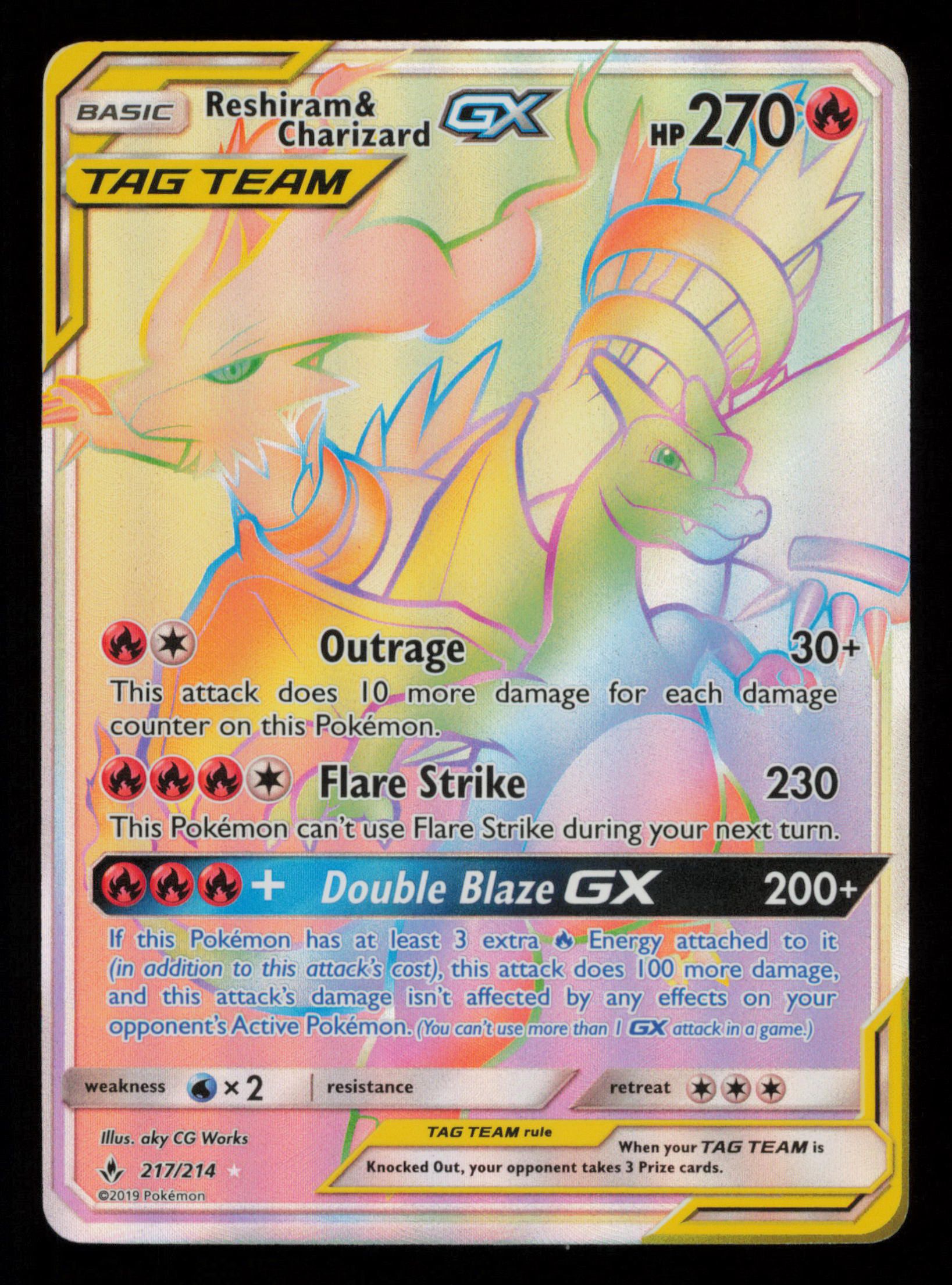 Reshiram & Charizard GX 217/214 Rare Rainbow Unbroken Bonds Pokemon